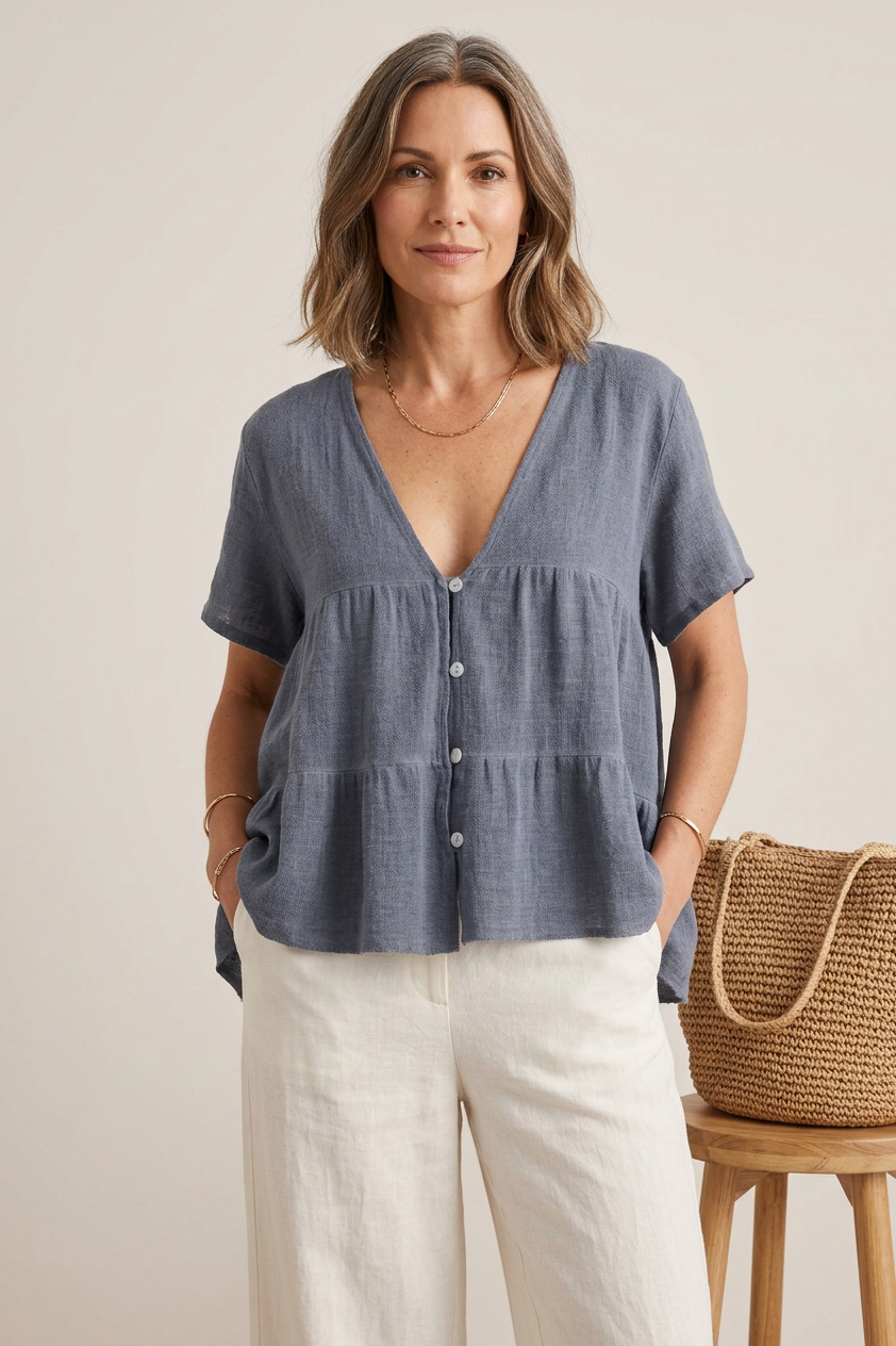 Button Tiered Linen Top