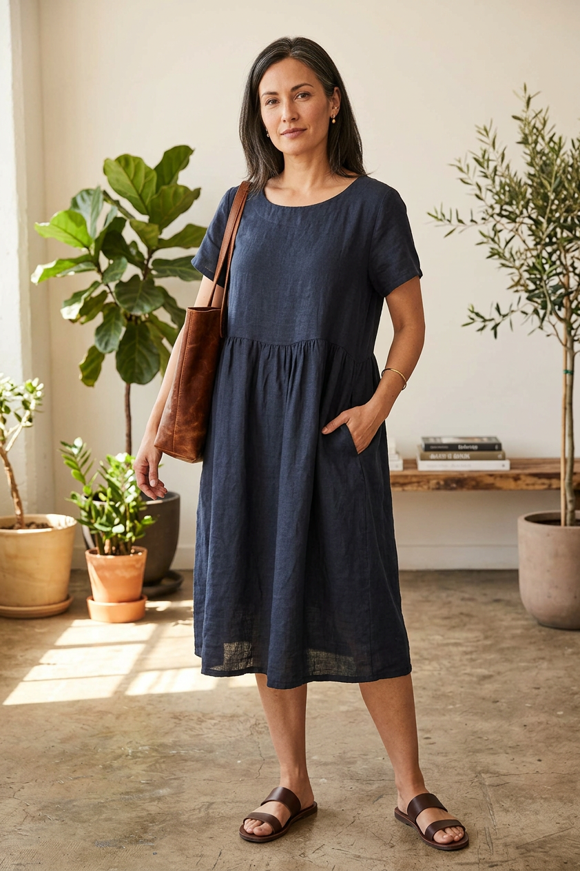 Short Sleeve 2 Pocket Linen Dress