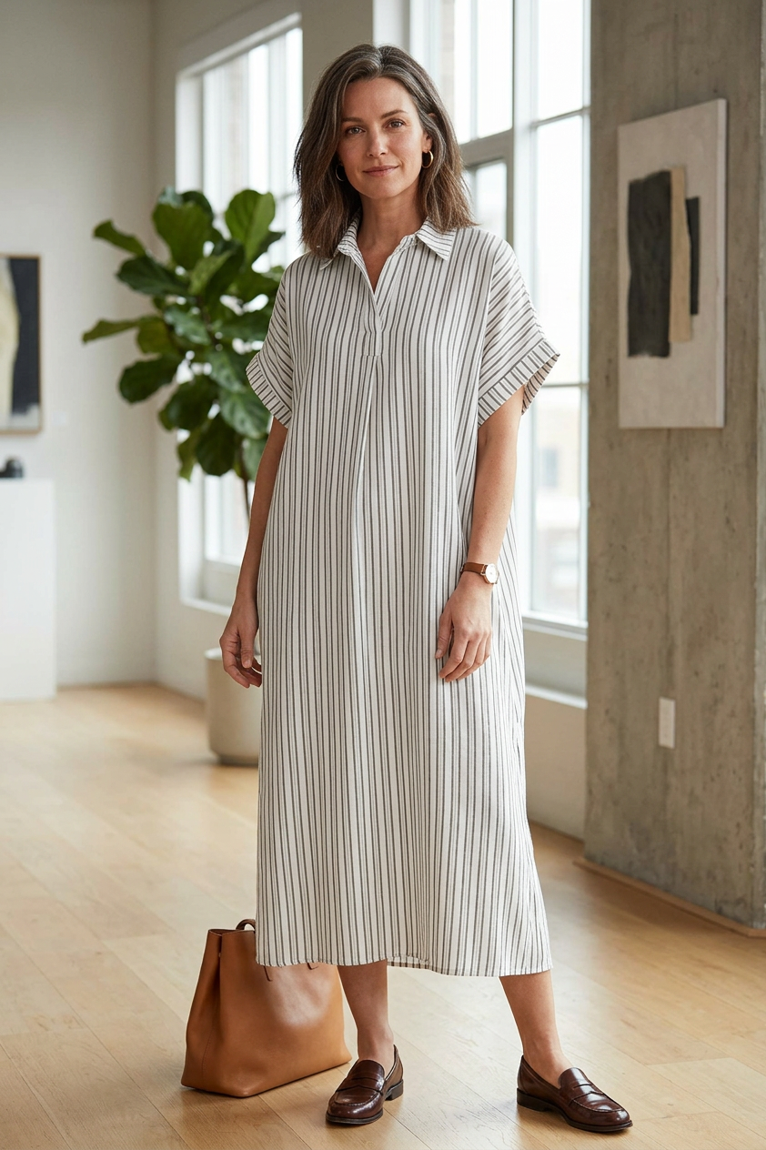 Stripe Print Collar Midi