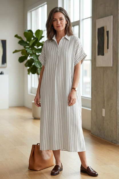 Stripe Print Collar Midi