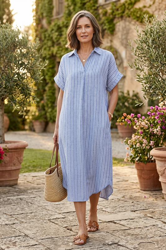 Stripe Print Collar Midi