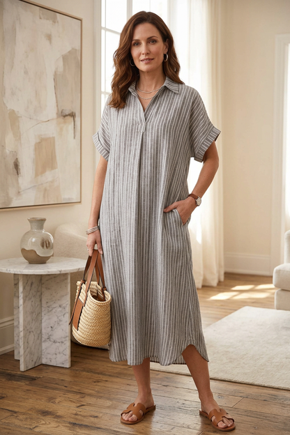 Stripe Print Collar Midi