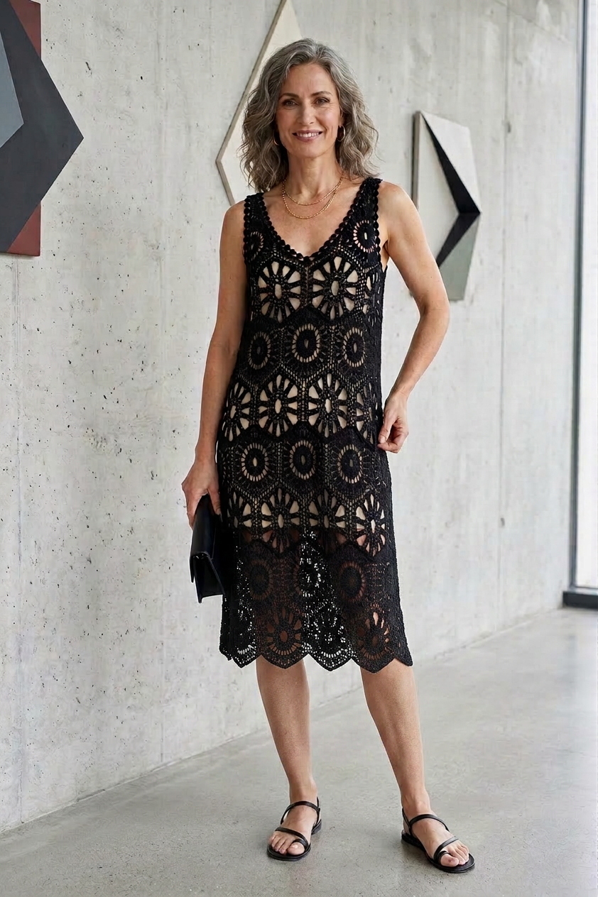 Sleeveless V Neck Crochet Dress