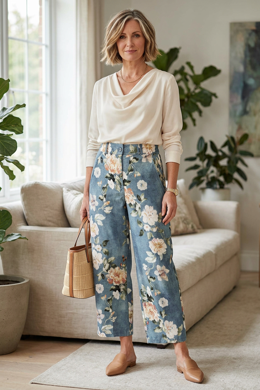 Floral Print Denim Look Trouser