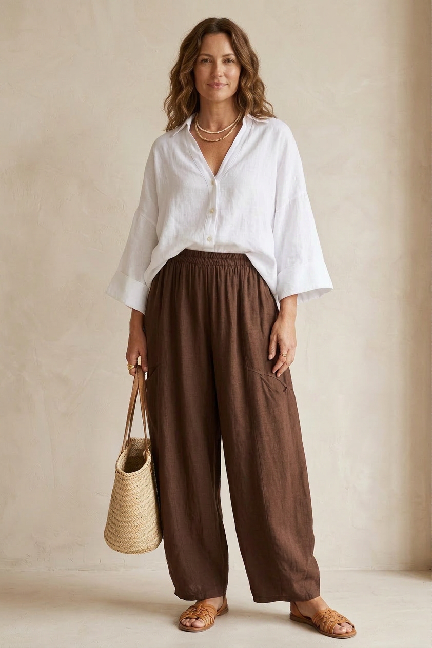 2 Slit Pocket Barrel Leg Linen Trouser