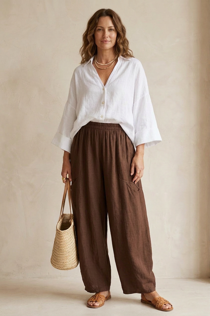 2 Slit Pocket Barrel Leg Linen Trouser