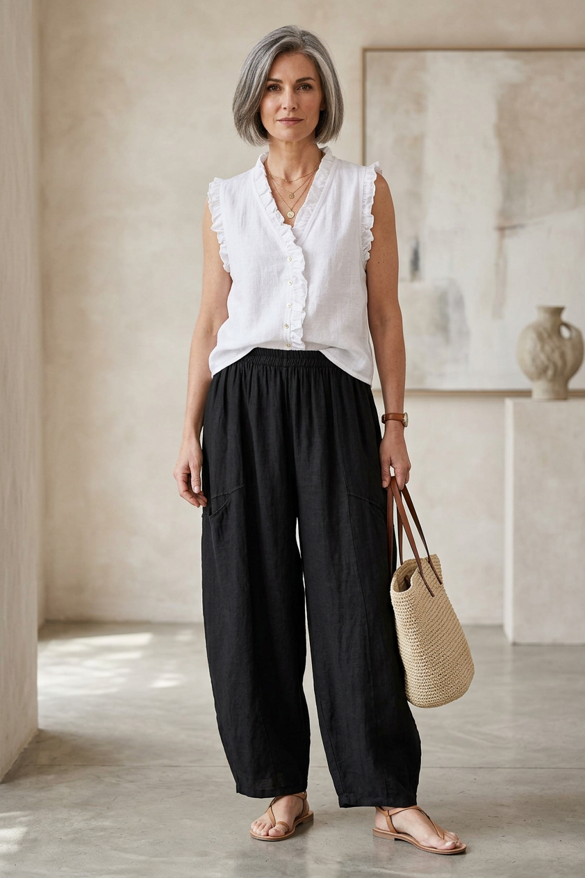 2 Slit Pocket Barrel Leg Linen Trouser