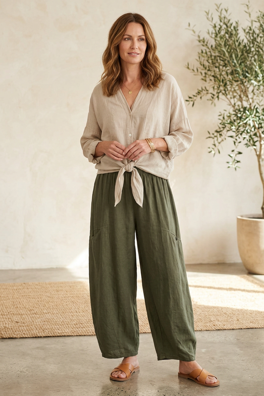 2 Slit Pocket Barrel Leg Linen Trouser