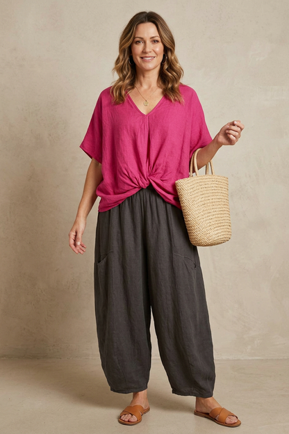 2 Slit Pocket Barrel Leg Linen Trouser