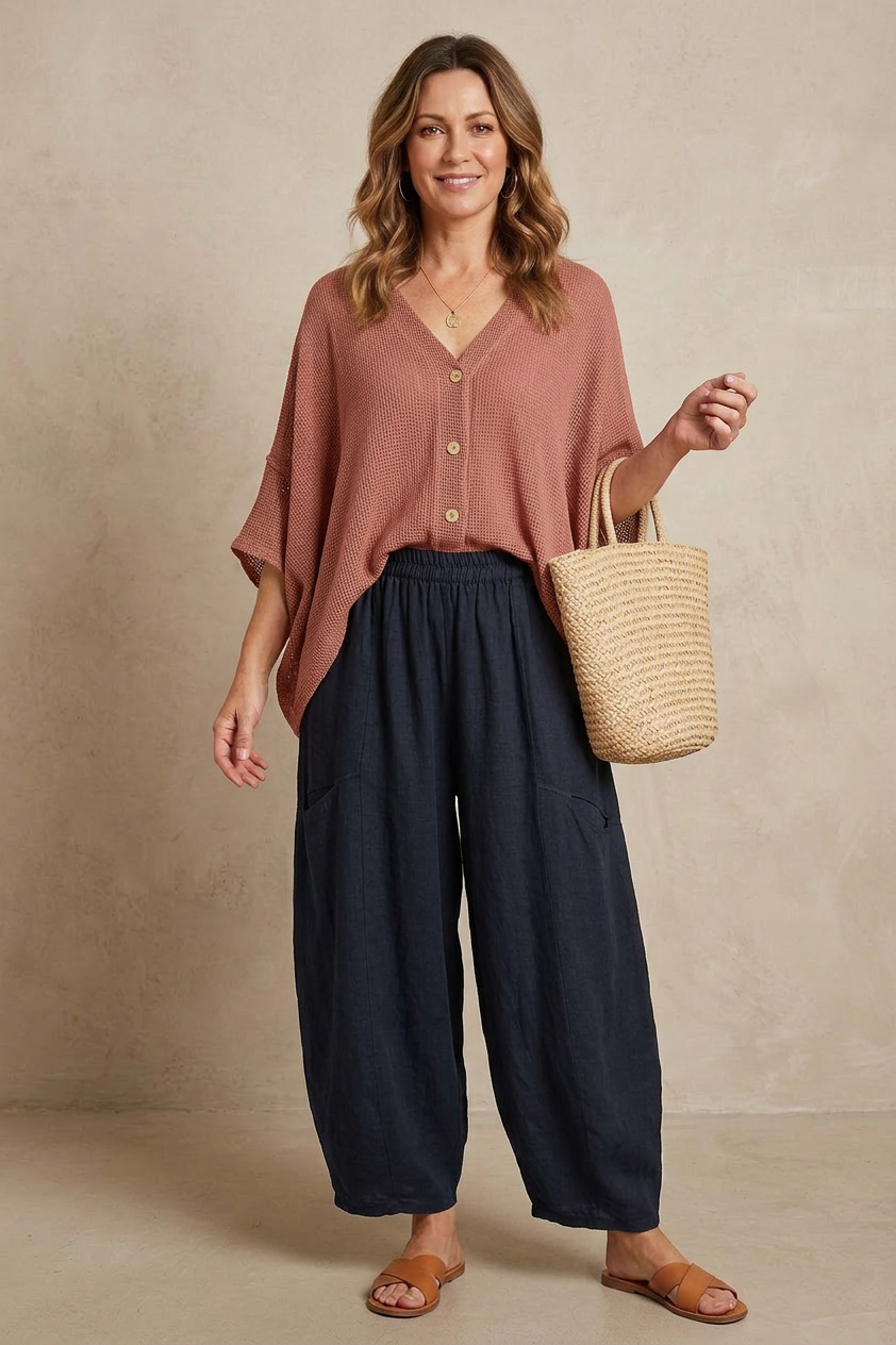 2 Slit Pocket Barrel Leg Linen Trouser