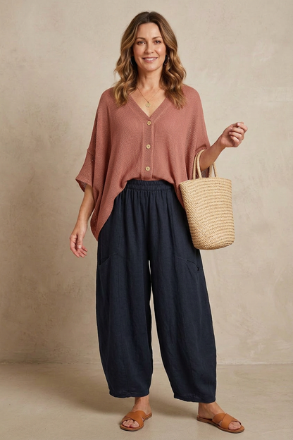 2 Slit Pocket Barrel Leg Linen Trouser