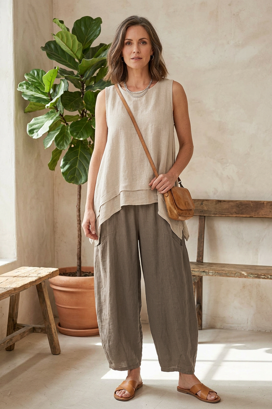 2 Slit Pocket Barrel Leg Linen Trouser