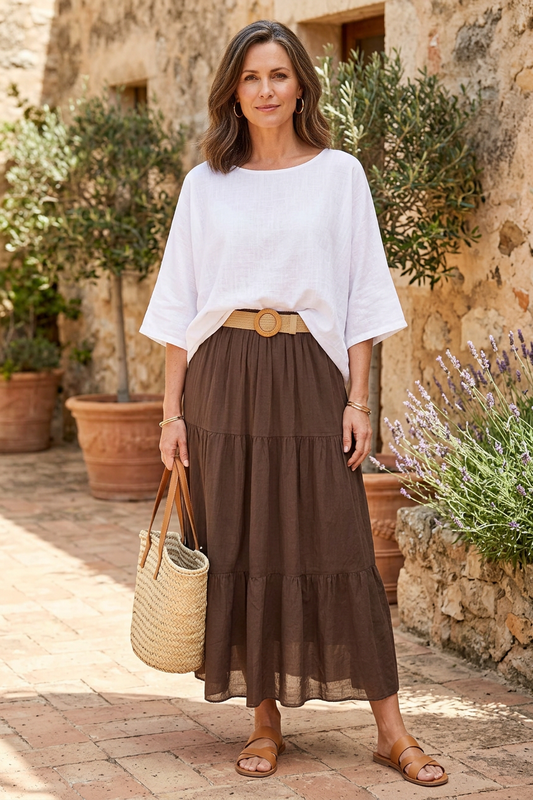 Tiered Midi Skirt with Belt