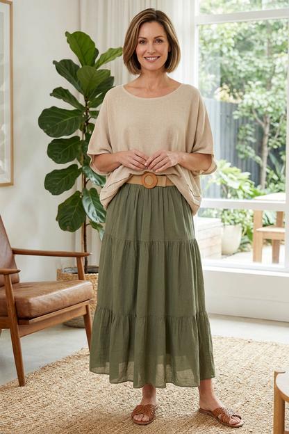 Tiered Midi Skirt with Belt