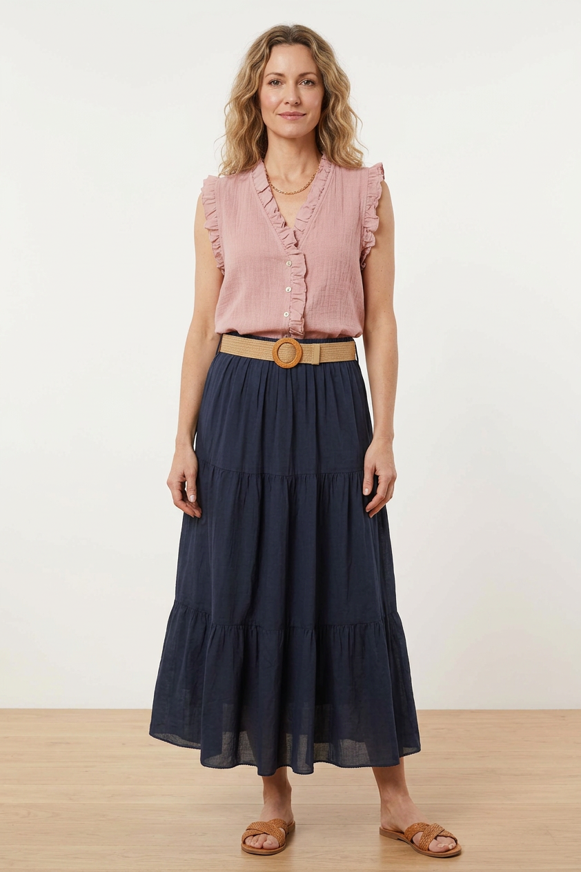 Tiered Midi Skirt with Belt