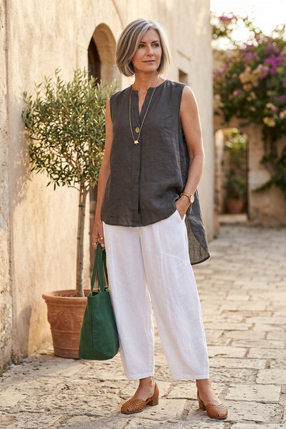 Sleeveless Button Detail Linen Top