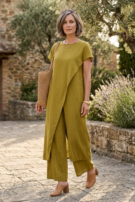 Crossover Tunic Top Wide Leg Trouser Set
