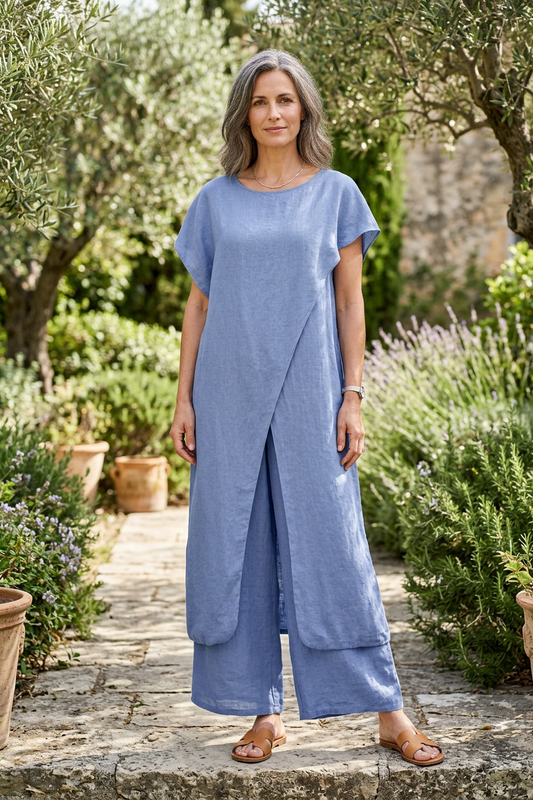 Crossover Tunic Top Wide Leg Trouser Set