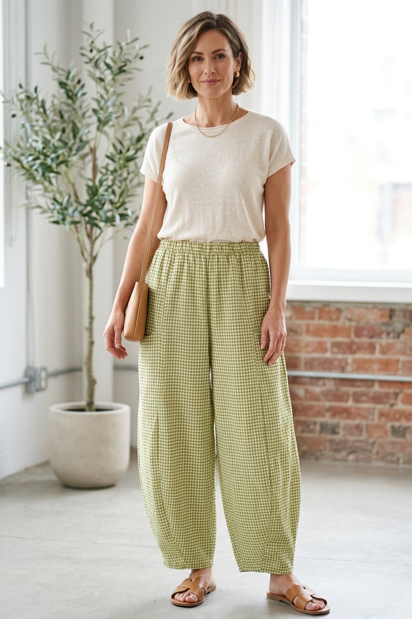 Barrel Leg Gingham Trouser