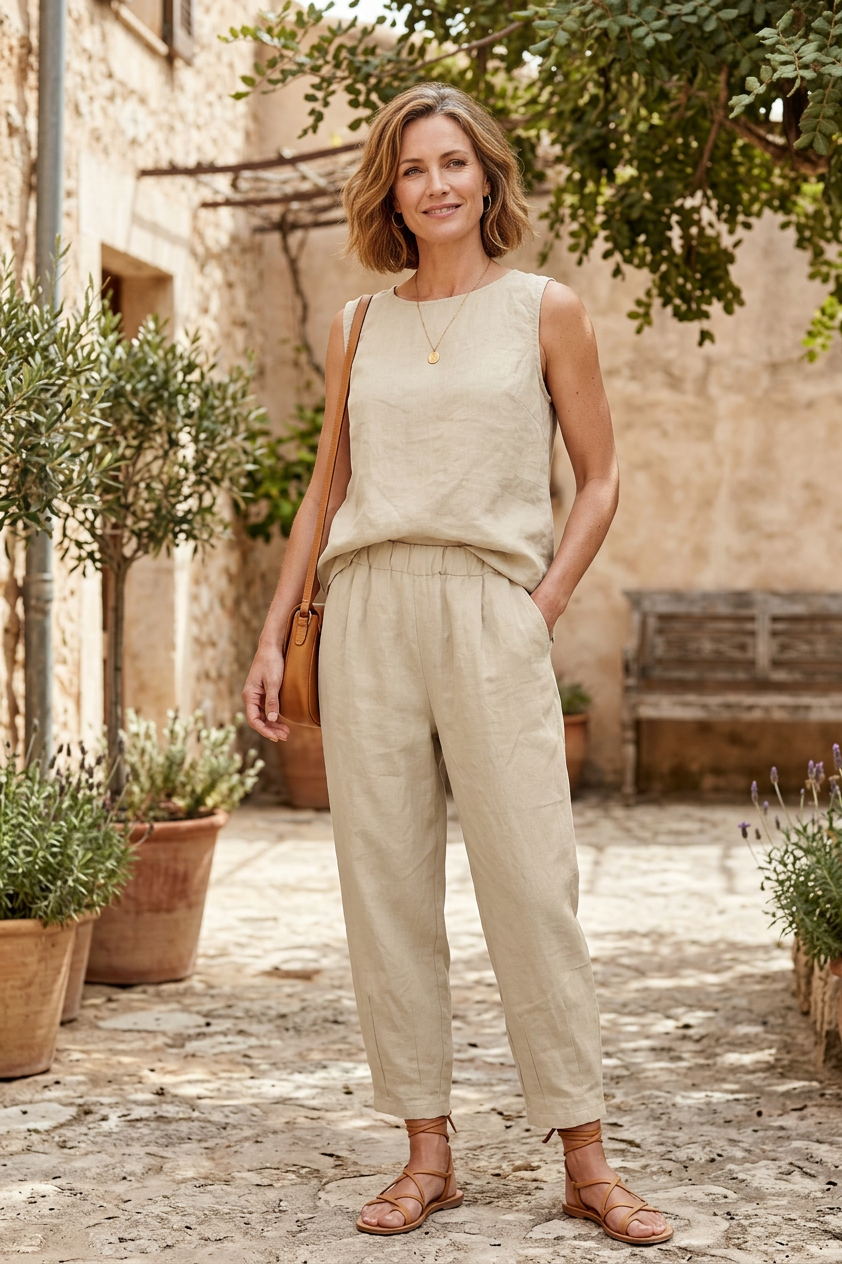 Pintuck Tapered Leg Linen Trouser