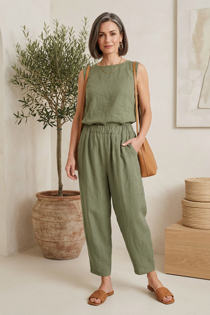 Pintuck Tapered Leg Linen Trouser