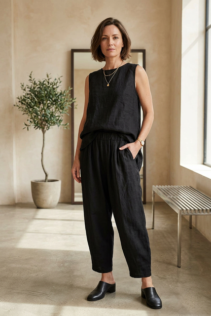 Pintuck Tapered Leg Linen Trouser