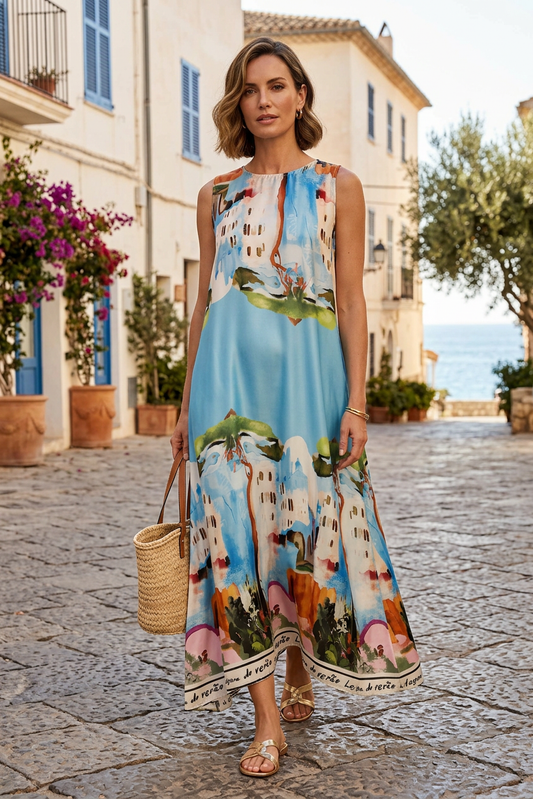 Watercolour Landscape Print Satin Midi