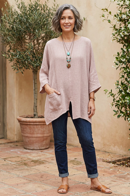 V Cutout Hem Linen Teabag Top