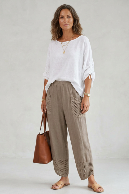 2 Crochet Pocket Barrel Leg Teabag Trouser
