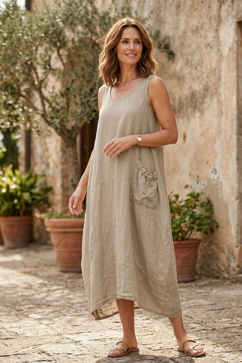 Sleeveless One Pocket Linen Dress