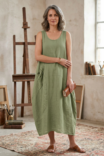Sleeveless One Pocket Linen Dress