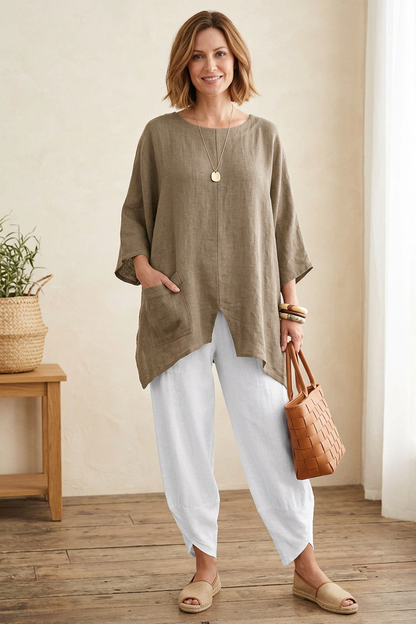 V Cutout Hem Linen Teabag Top