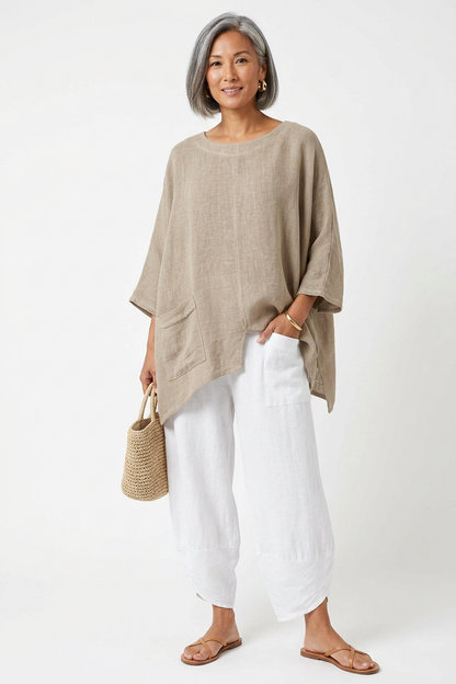 V Cutout Hem Linen Hopsack Top