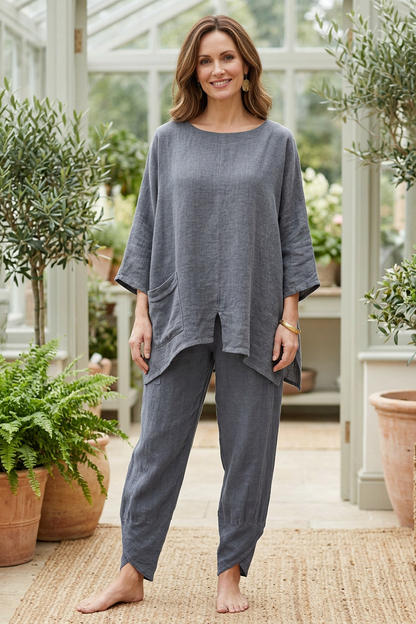 V Cutout Hem Linen Teabag Top