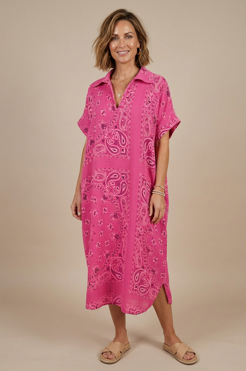 Bandana Print Collar Cheesecloth Dress