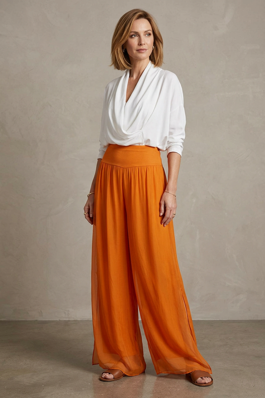 Side Slit Wide Leg Silk Trouser