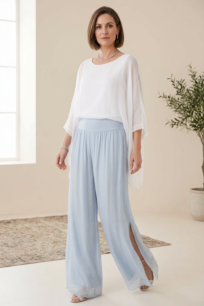 Side Slit Wide Leg Silk Trouser