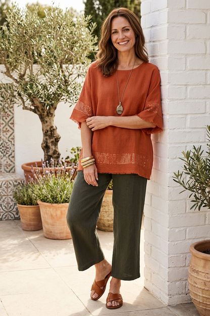 Sequin Trim Linen Top