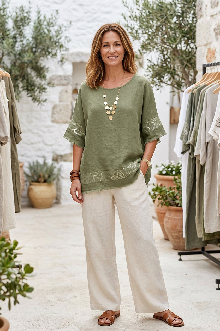 Sequin Trim Linen Top
