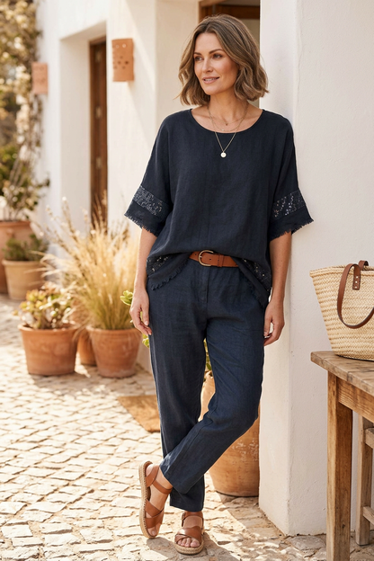 Sequin Trim Linen Top