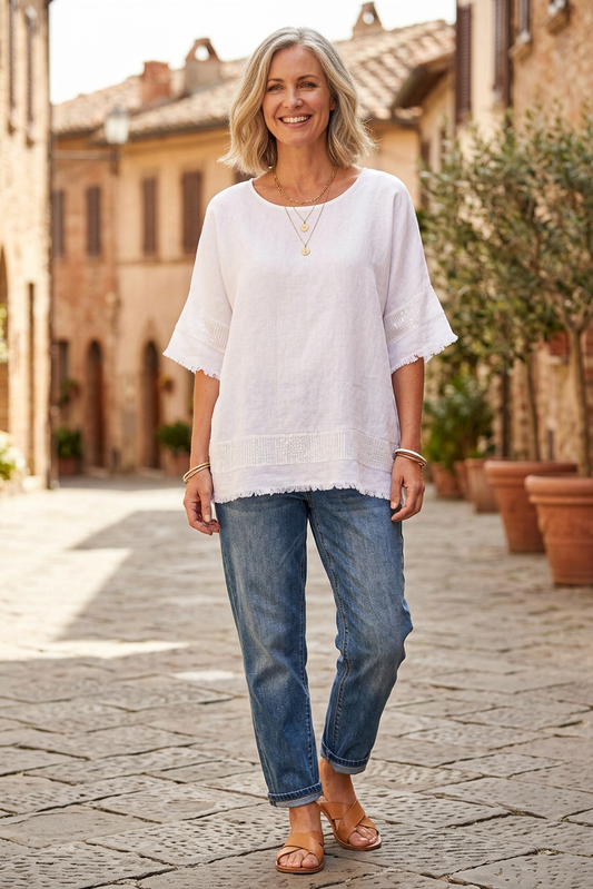 Sequin Trim Linen Top