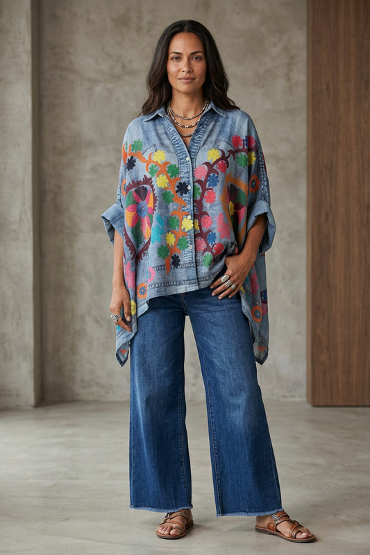 Batwing Denim Look Print Shirt