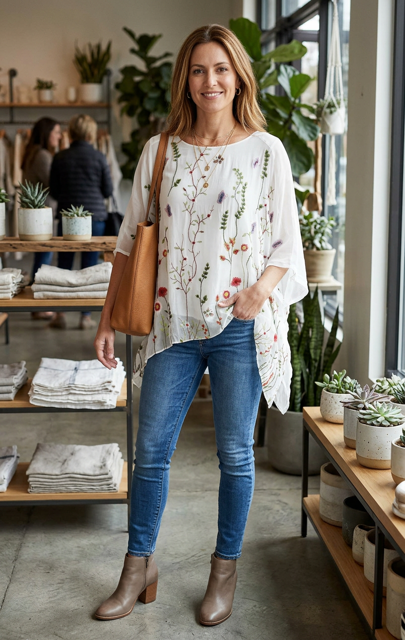 Floral Embroidery Silk Blouse