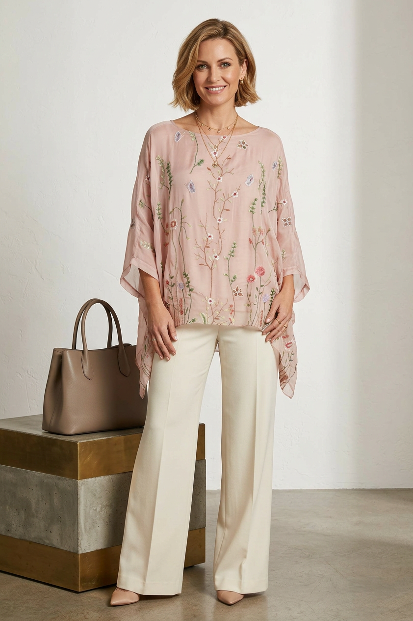 Floral Embroidery Silk Blouse