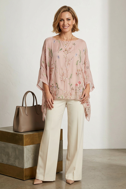 Floral Embroidery Silk Blouse