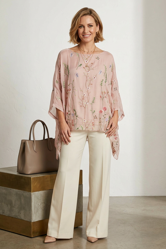 Floral Embroidery Silk Blouse