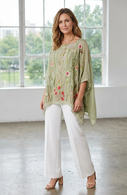 Floral Embroidery Silk Blouse