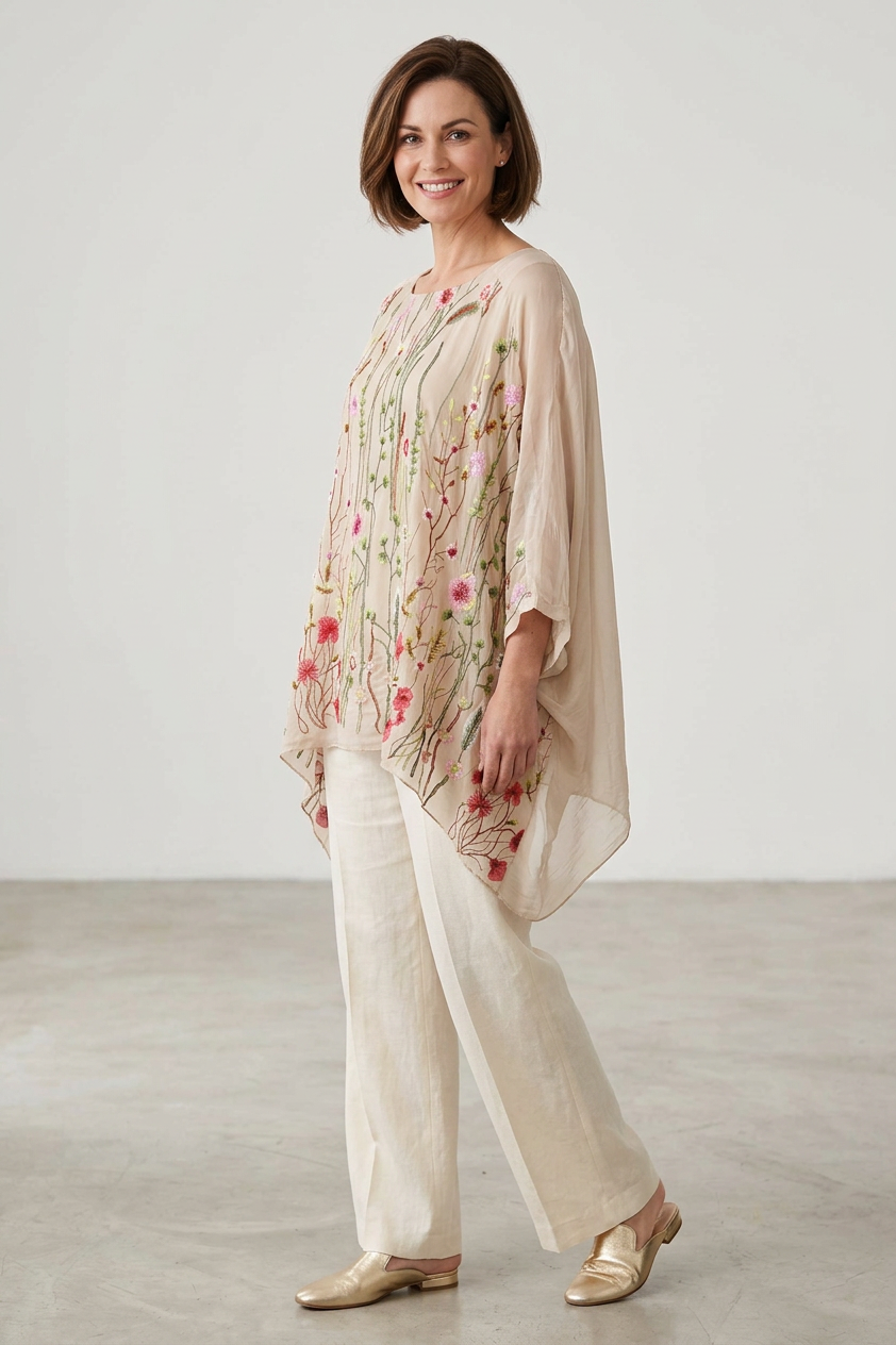 Floral Embroidery Silk Blouse