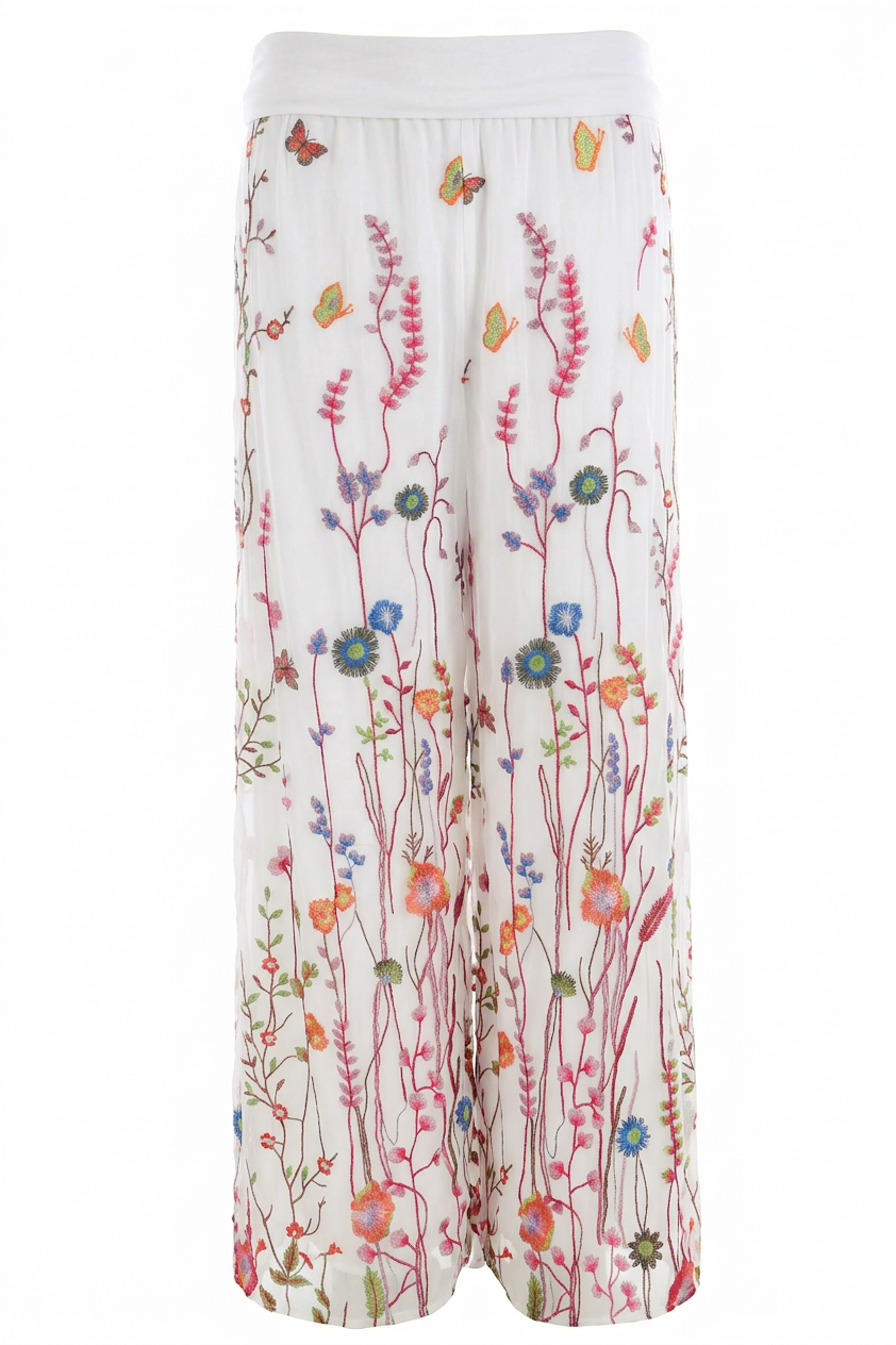 Floral Embroidery Silk Trouser