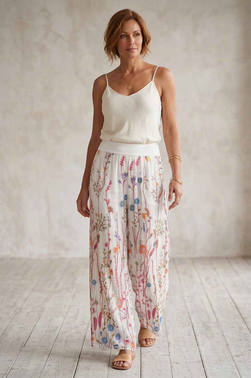 Floral Embroidery Silk Trouser